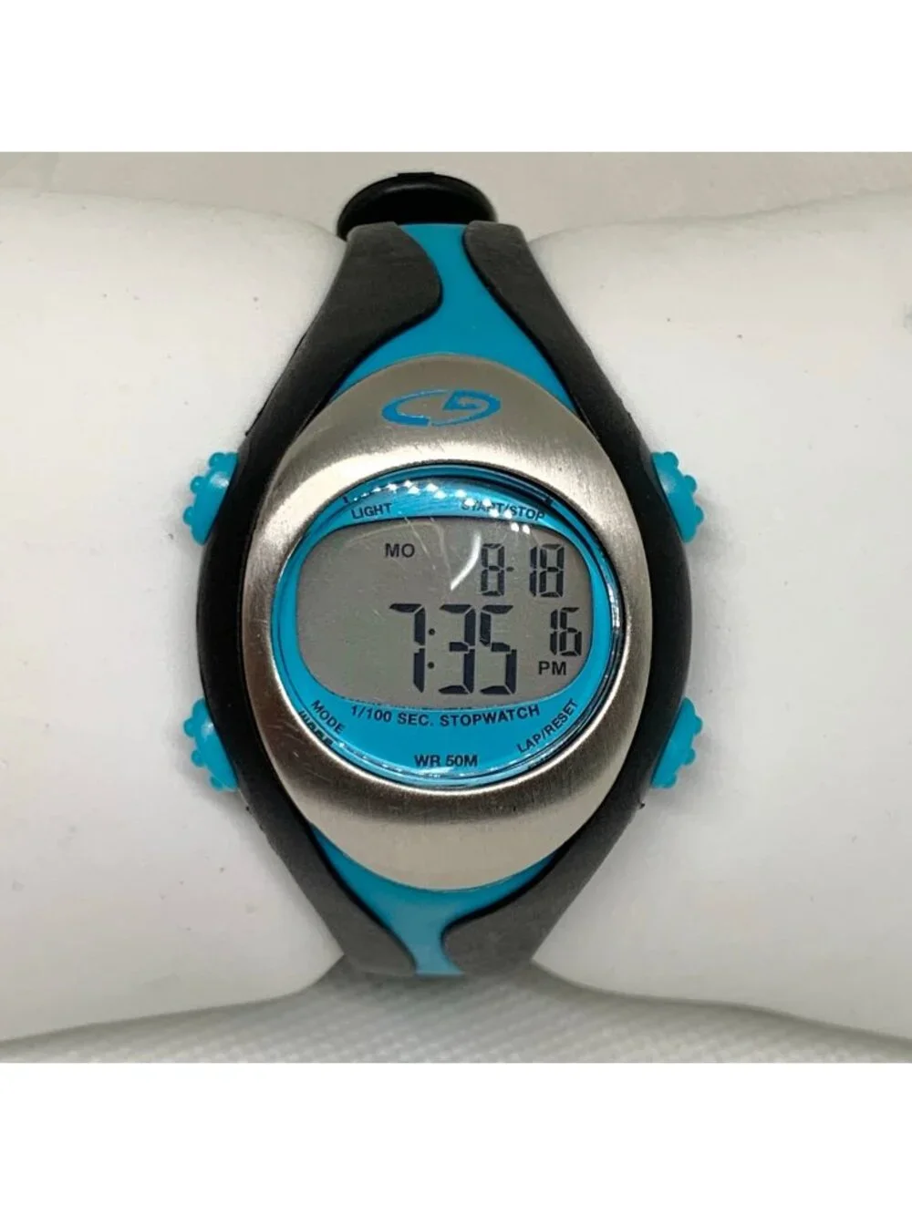 Women’s quartz digital watch black blue silver tone 34mm multifunction running